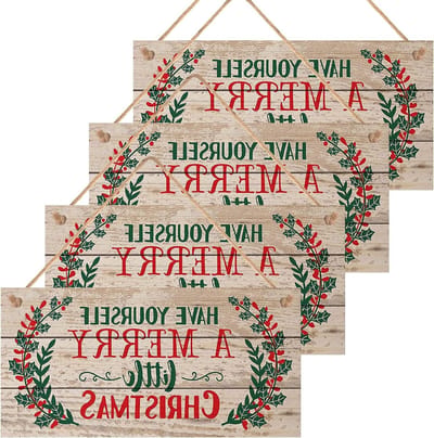 Houten Kerstborden voor Wanddecoratie - Set van 4 Stuks - Kerstdecoratie voor Deur en Muur, 10x20cm