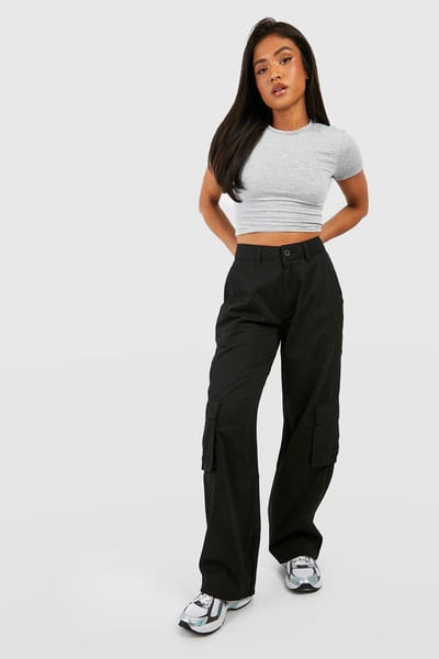 boohoo Dames Petite Hoge Taille Twill Cargo Broek met Rechte Pijpen | Zwart | Maat: 38