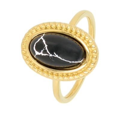 My Bendel - Vintage Ring Goudkleurig met Zwarte Steen - Vintage Ring Goudkleurig - Zwarte Marmeren Steen - Stainless Steel - met Luxe Cadeauverpakking | Sieraden Voor Dames | Maat 20.00 Mm / Maat 63