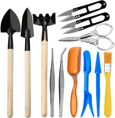 Unyqoos ® Complete 12-delige Mini Tuingereedschapsset voor Bonsai en Kamerplanten, Inclusief Snoeigereedschap en Kwasten