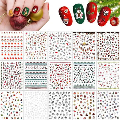 15 Bladen Kerst Nail Art Stickers, 3D Zelfklevende Nagelstickers met Kerstman, Sneeuwvlok en Rendier voor Feestelijke Nageldecoratie