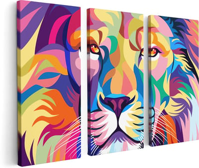 Artaza Canvas Schilderij Drieluik Gekleurde Leeuw - Leeuwenkop - Abstract - 120x80 - Foto Op Canvas - Canvas Print