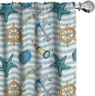 ABAKUHAUS Nautische Gordijnen – 2x75x225 cm – Blauw/Aprikoos – Microvezel