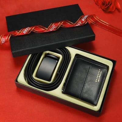 Heren Riem Portemonnee Combinatieset Koeienhuid Leer Automatische Gesp Broekriem Portemonnee Geschenkdoos 125cm