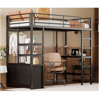 ModernLuxe Metalen mezzaninebed 90x200cm - met bureau + USB-aansluitingen + barrières - Zwart