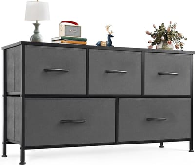 Dressoir / Brede Opbergkast met 5 Stoffen Lades (100 × 30 × 53 cm) – Stevig Metalen Frame – MDF Bovenblad – Industrieel Grijs – Ideaal voor Slaapkamer & Woonkamerkinderkamer HMTM-SC-5D-GR
