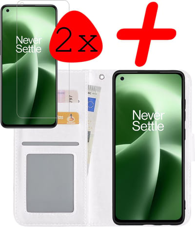 Hoesje Met 2x Screenprotector - Geschikt voor OnePlus Nord 2T - Luxe Pasjeshouder - Bookcase Portemonee - Flip Case - Kunstleer Book Case - Flipcase Hoes - Book Cover - Walletcase - Portemonneehoes - Wit