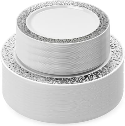 Matana – 120-delige Plastic Borden Set met Zilveren Rand – 60 Dinerborden (26cm) & 60 Dessertborden (19cm) – Herbruikbaar – Voor Bruiloften & Feesten