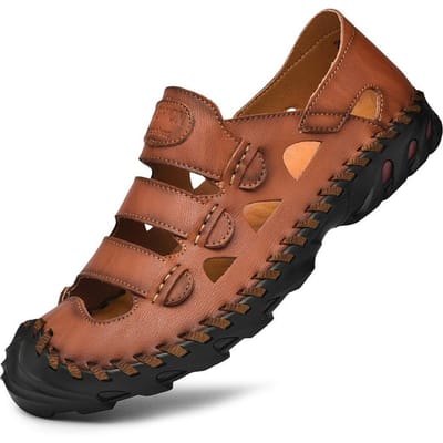 Nieuwe Zomer Heren Leren Sandalen met Gesloten Teen Echt Leer Zachte Zool Strand Autorijden Uitgehold Plus Maat Casual Schoenen 46 bruin