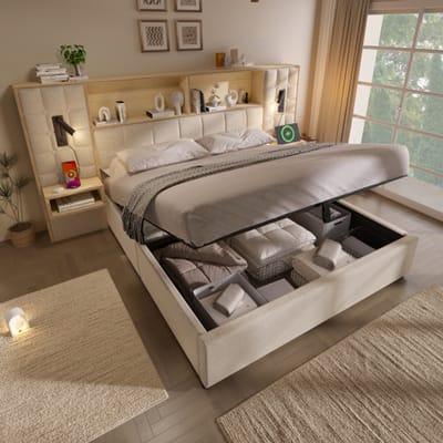 Gestoffeerd Bed 180x200 Met Opbergruimte - LED Leeslampen USB Type-C Nachttafels - Beige Linnen Systeembed Zonder Matras
