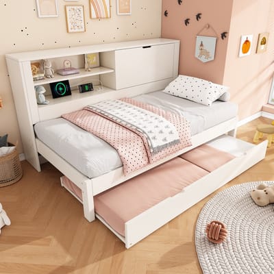 MODFU - Bedframe 90x190 cm – Wit sofabed met uitschuifbed & USB – Wit hout