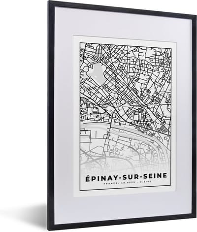 Fotolijst incl. Poster Zwart Wit- Stadskaart - Plattegrond - Kaart - Frankrijk - Épinay-sur-Seine - Zwart wit - 30x40 cm - Posterlijst