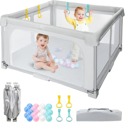MELVRA Opvouwbare Speelbox - Babybox - 127x127 cm - Grondbox voor Baby & Peuter - Binnen & Buiten - Inclusief Reistas, 20 Ballen & 4 Handgrepen - Grijs