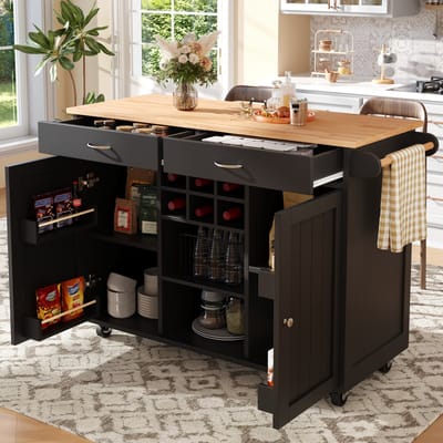DESMIU KeukenEiland - Multifunctionele Opbergkast Met Wijnrek En Verplaatsbare Wielen - Voor Keuken En Eetkamer - MDF En Metaal - Zwart - 102x45x92 Cm