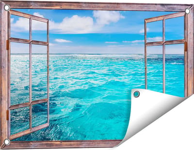 Gards Tuinposter Doorkijk Blauwe Caribische Zee Water - 60x40 cm - Tuindoek - Tuindecoratie - Wanddecoratie buiten - Tuinschilderij