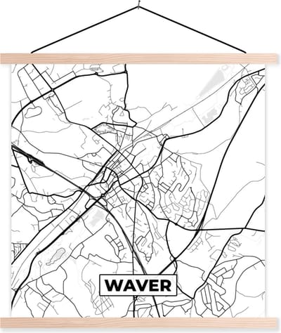 Posterhanger incl. Poster 40x40 cm - Schoolplaat - Stadskaart – Zwart Wit - Kaart – Waver – België – Plattegrond - Textielposter - Blanke latten - Stadskaart