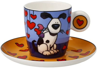 Goebel - Ed Heck | Kop en schotel Espresso Love Dog | Porselein - 12cm - 100ml - 2 stuks
