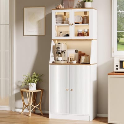 Keukenkast met LED - Buffetkast voorraadkast - Keuken organiseren - Werkblad met kabelgaten - 180 cm hoog - Wit eiken