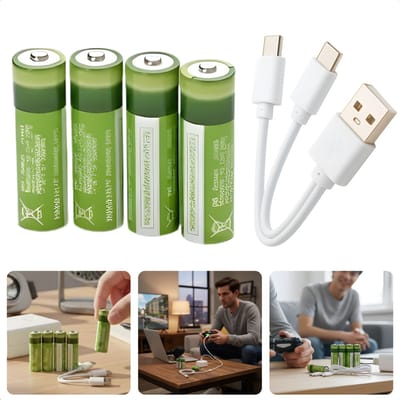 Cheqo® Oplaadbare Batterijen AA – USB-Oplaadbaar – 1200mAh Capaciteit – Lithium-Ion Technologie – USB-C Connector – Snel Opladen – In 1.5 Uur Volledig Opgeladen – Set van 4 – Tot 1000x Oplaadbaar – Met LED-Indicator – AA-Formaat