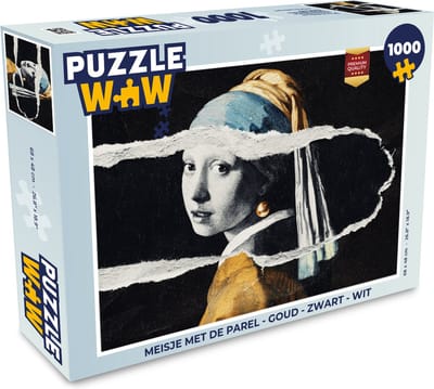 Puzzel Meisje met de parel - Goud - Zwart - Wit - Legpuzzel - Puzzel 1000 stukjes volwassenen