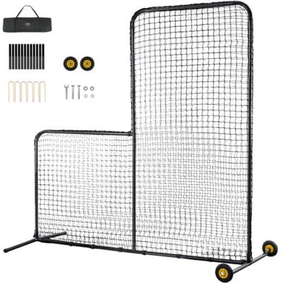 VEVOR L-type voor Slagkooi 84" x 42" x 84" Honkbal- en Softbal Veiligheidsparaplu Lichaamsbescherming Draagbare Slagparaplu met Lichaamsbeschermer en Draagtas en Wielen, Softbal Pitching Net Zwart
