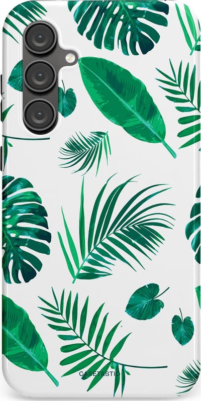 Casetastic Hoesje Geschikt voor Samsung S23 FE - Stijlvolle Beschermende Duo-layer Case - Groene Witte Jungle Bladeren Print