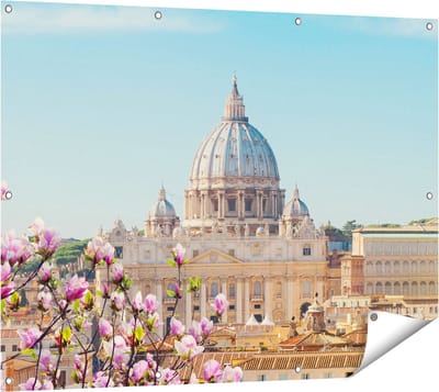 Gards Tuinposter Sint Pietersbasiliek in Rome met Bloemen - 120x90 cm - Tuindoek - Tuindecoratie - Wanddecoratie buiten - Tuinschilderij