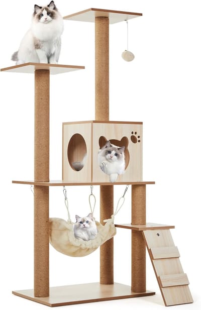 Houten kattenboom – Comfortabele hangmat – Stevige plank – Kattenhuis – Ingebouwde krabpaal, stabiele constructie – Geschikt voor grote en middelgrote katten, meerdere katten – Ruimtebesparend – Houtkleur