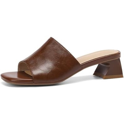 Mode Nieuwe Vierkante Neus Blokhak Effen Kleur Retro Sandalen Koeienleer Slippers Dikke Hakken Sandalen Schoenen Vrouw Slides 39 brown
