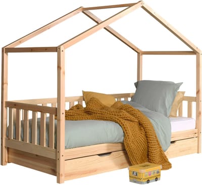 Vipack Kinderbed Dallas 90x200cm - Sofabed als Huis met Slaaplade - Bed met Dak - Peuterbed met Logeerbed - Ledikant - Hout