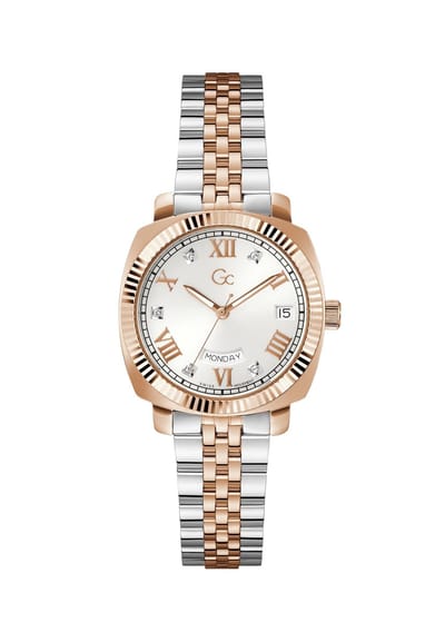 Gc Gc Flair Coussin Lady Mid Size Metal Kwarts Analoog Horloge Zilverkleurig En Roségoudkleurig Kast Gemaakt Van 100% Roestvrij Staal En Een Armband Van 100% Roestvrij Staal 34 Z44001L7MF, Z44002L9MF, Z44003L1MF