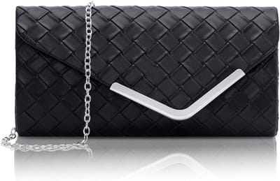 Elegante zwarte leren handtas met afneembare ketting, vintage geruite enveloptas voor bruiloften en feesten, 22x11x5cm