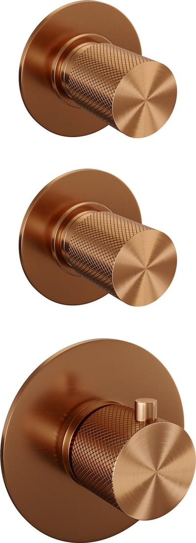 Brauer Copper Carving thermostatische inbouw regendouche SET 02 met 30 cm douchekop en rechte muurarm en staaf handdouche en doucheslang en wandaansluitbocht koper geborsteld PVD