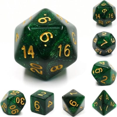 Polyset Dice | Dobbelstenen - Set Van 7 Stuks - Groen Zwart Glitters Transparant Doorzichtig Goud| Voor D&D en Andere Rollenspellen | Plastic Dobbelstenen Set voor Dungeons and Dragons | Polyhedral Dice Set | Mooie Zwarte Velvet Dice Bag voor 3 Sets