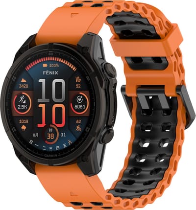 Stravo Siliconen Sportbandje met Wave Design – Quickfit 22mm – geschikt voor Garmin Fenix 8 (Pro-E-47mm) - Fenix 7 & 6 (Solar-Pro) - Fenix 5 (Plus) / Forerunner 970-965-955-945 / Epix Gen 2 -Pro 47mm/Quatix 7- 8 / Fenix 8(Pro/E) – Oranje/zwart