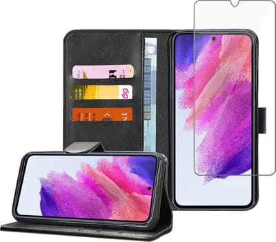 Hoesje geschikt voor Samsung S21 FE - Screenprotector Tempered Glas Screen Cover - Book Case Flip Hoes Zwart