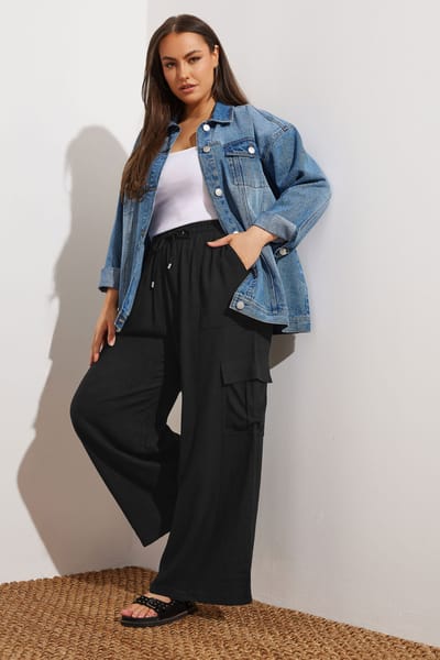 Yours Broek Van Linnenmix Met Wijde Pijpen En Cargozakken In Zwart Size 42