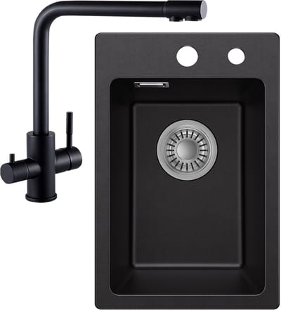 CECIPA max Spoelbak Keuken 30x45cm - Granieten Spoelbakken Met 3 Wege Keukenkraan - Spoelbakken Keuken Zwart - Wasbak Keuken