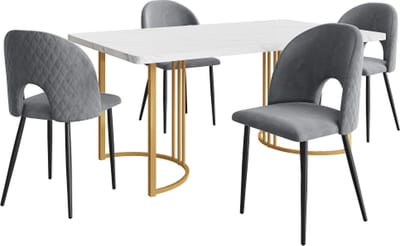 Gotagee Tafelset met 4 stoelen Grijs fluwelen Eetkamerstoel Verstelbare stoelpoten Keukentafelset met MDF tafelblad in wit Gouden tafelpoten