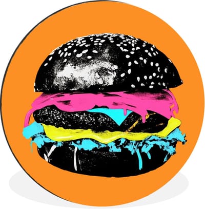 WallCircle - Wandcirkel - Muurcirkel - Hamburger - Oranje - Neon - popart - Aluminium - Dibond - 30x30 cm - Binnen en Buiten
