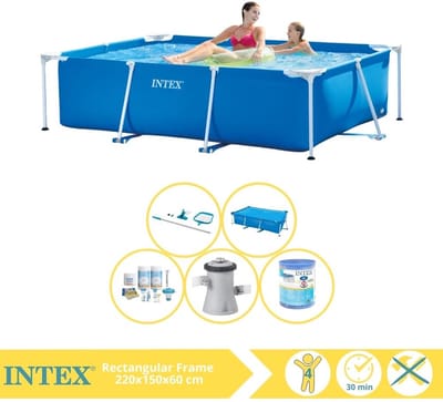 Intex Rechthoekig Frame Zwembad - 220 x 150 x 60 cm - Blauw - Inclusief Solarzeil - Onderhoudspakket - Zwembadfilterpomp - Filter - Schoonmaakset - 6-delig