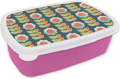 Broodtrommel Roze - Lunchbox Retro - Bloemen - Scandinavisch - Brooddoos 18x12x6 cm - Brood lunch box - Broodtrommels voor kinderen en volwassenen