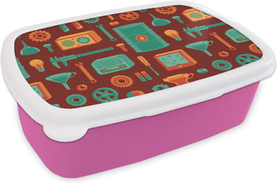 Broodtrommel Roze - Lunchbox Patroon - Retro - Gereedschap - Brooddoos 18x12x6 cm - Brood lunch box - Broodtrommels voor kinderen en volwassenen