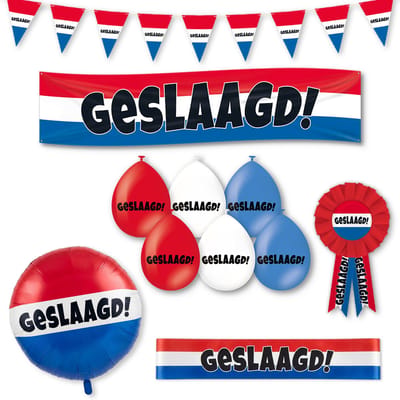LUQ – Geslaagd RWB Feestpakket – Rood-Wit-Blauw – Luxe Graduation Decoratie Set – Afstudeer Party Versiering Bundel