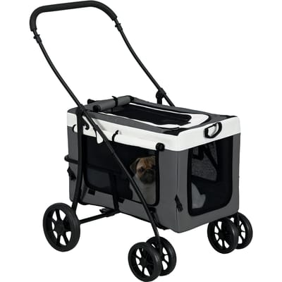 PawHut opvouwbare kinderwagen dieren hond kat 2 1, afneembare wieg 4 wielen met stoffen rem 600D Oxford 81x58x
