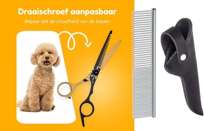 Professor Q – Professionele Effileerschaar – Uitdunschaar Kapper Rechtshandig – Goud/Zwart met Luxe Lederen Etui – 16,5 cm – Zwart + Anti-Klit Kam – Pijnloos & Huisdiervriendelijk
