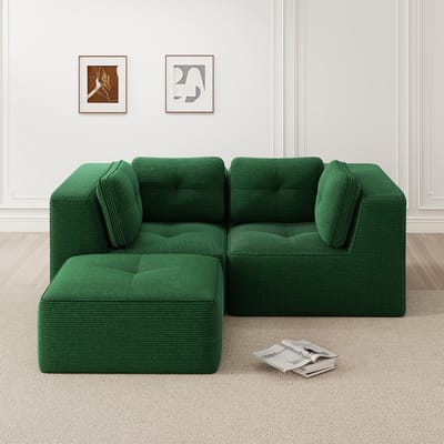 Modulaire en configureerbare hoekbank - tweezits frameloze L-vormige bank - met verplaatsbare voetenbank - corduroy - groen