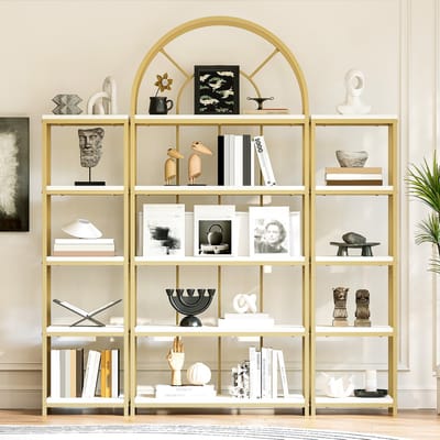 Boekenkast - 163x30x184 cm - Modulair Rek met Boogdesign - MDF en Metaal - Wit/Goud