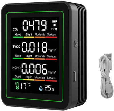 Luchtkwaliteit Monitor - Luchtmeter - Binnenmilieu Meten - 5-in-1 Detectie - 90x70x35mm - Zwart