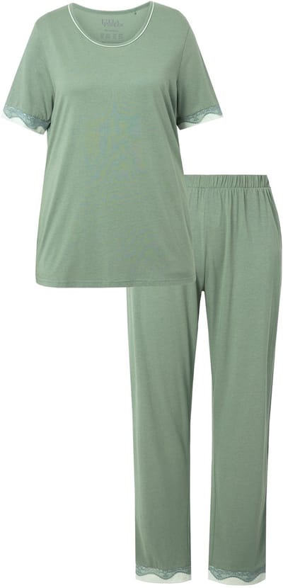 Ulla Popken - Dames - Pyjama kanten randen ronde hals korte mouw - Kaki - Maat 42+